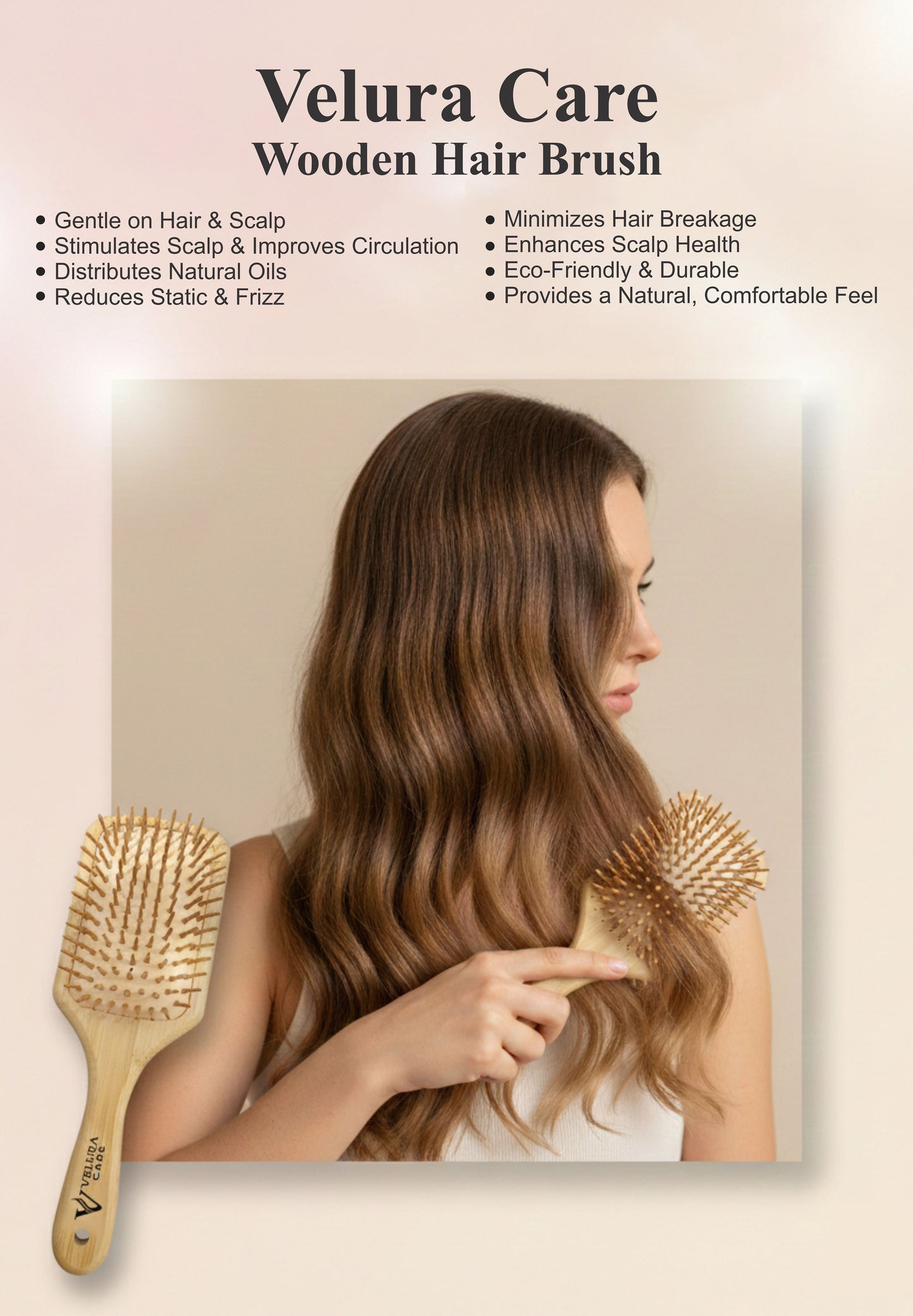 Velura Wooden Hair Brush | Gentle Detangling & Scalp Massage Brush for All Hair Types