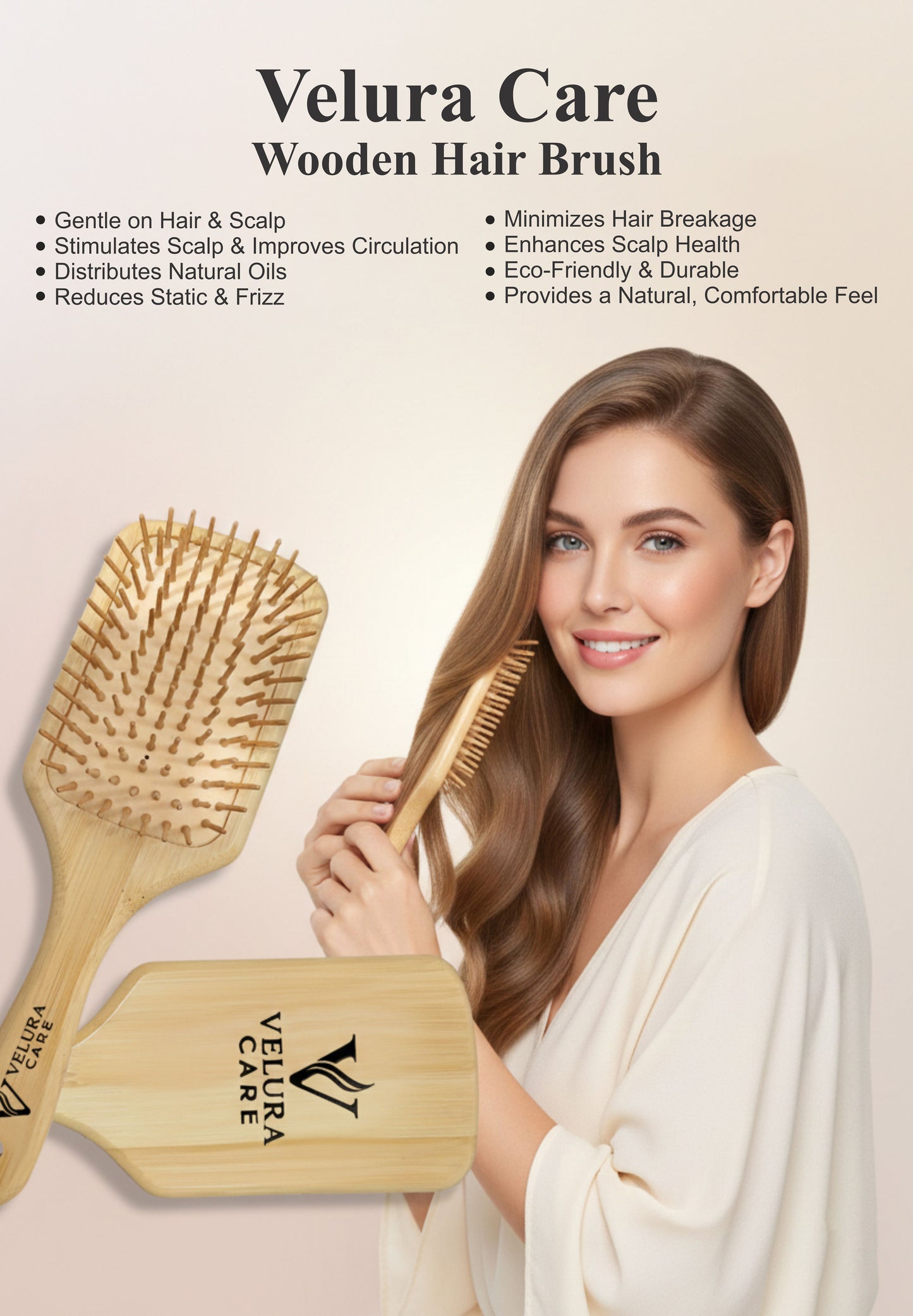 Velura Wooden Hair Brush | Gentle Detangling & Scalp Massage Brush for All Hair Types